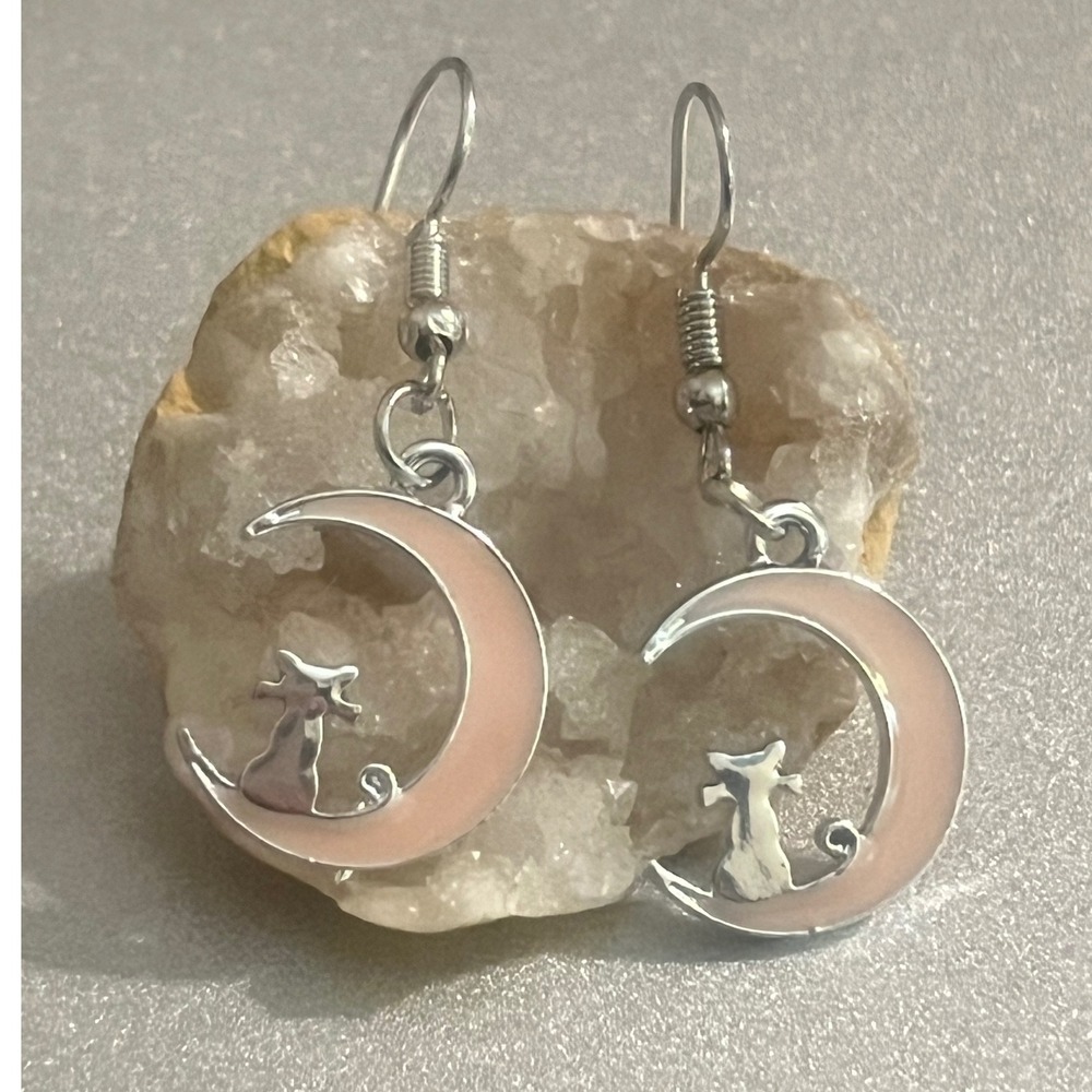 New -Sterling Silver Cat On The Moon Earrings Pink Crescent Celestial Boho